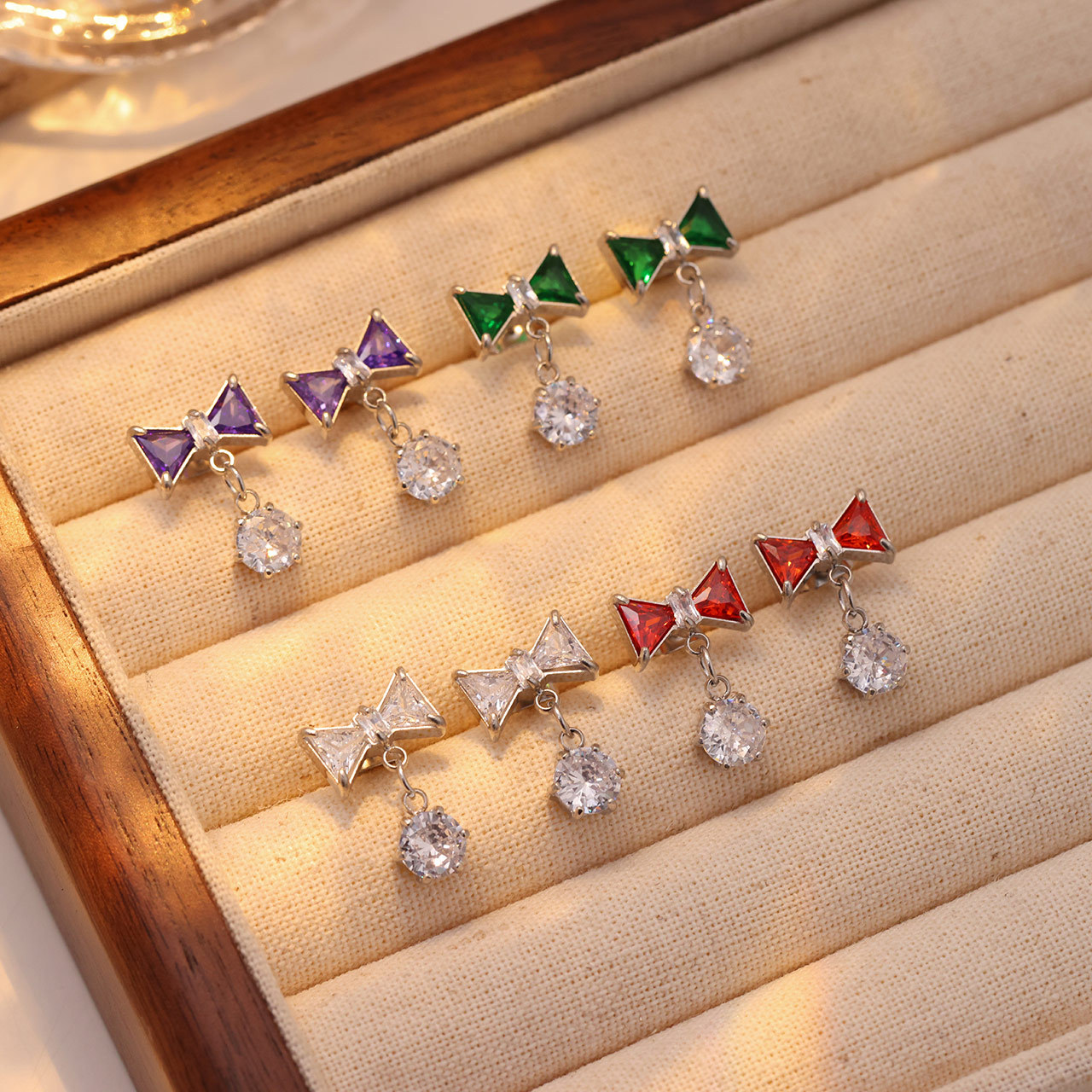 1 Pair Sweet Bow Knot Stainless Steel Zircon White Gold Plated Drop Earrings display picture 3