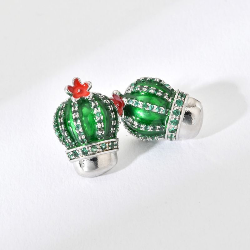 1 Pair Cute Cactus Enamel Plating Inlay Copper Zircon White Gold Plated Ear Studs display picture 6