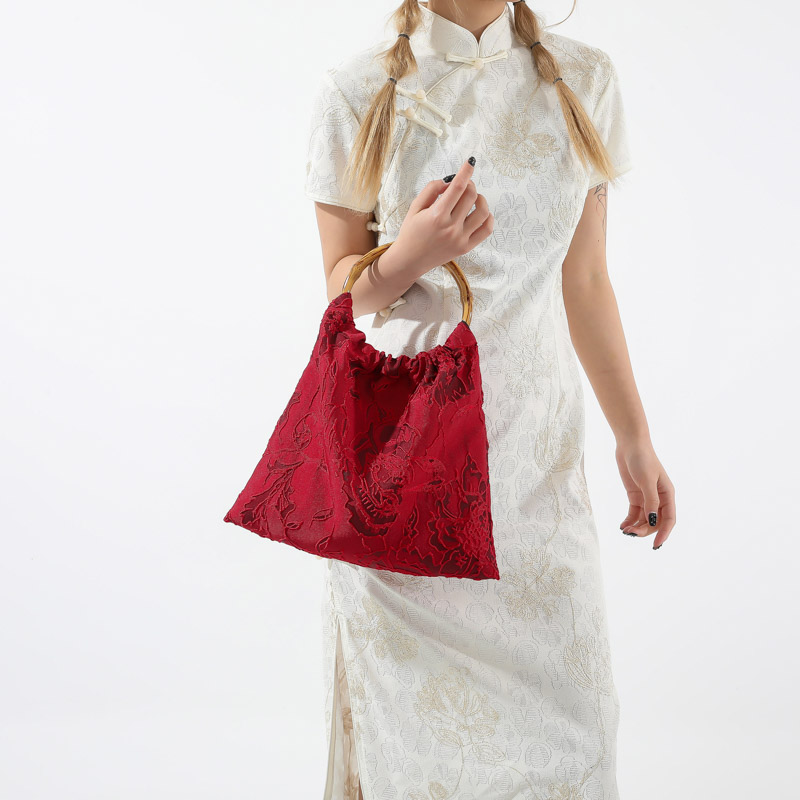 امرأة قماش ورد النمط الكلاسيكي خيوط الخياطة دلو فتح حقيبة يد display picture 3