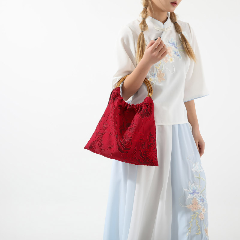 امرأة قماش ورد النمط الكلاسيكي خيوط الخياطة دلو فتح حقيبة يد display picture 9