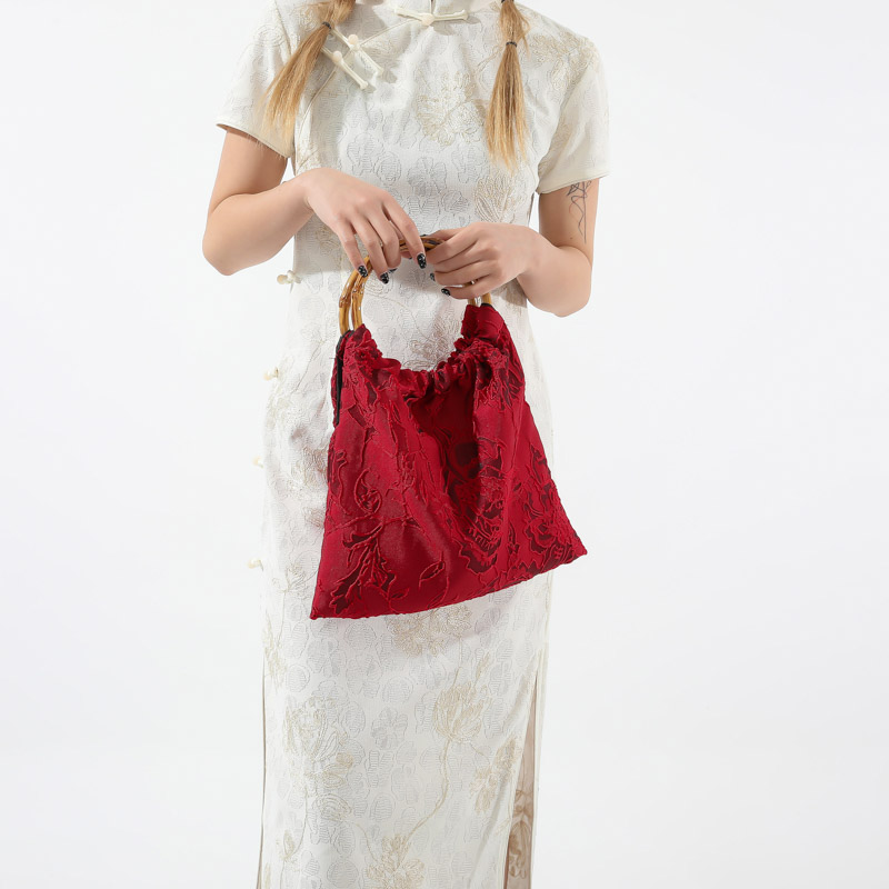 امرأة قماش ورد النمط الكلاسيكي خيوط الخياطة دلو فتح حقيبة يد display picture 7