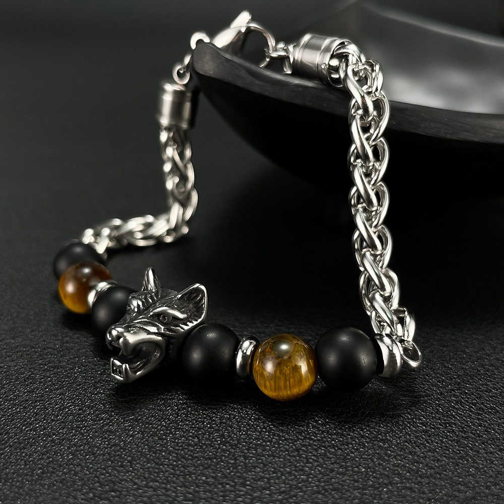 Retro Wolf Stainless Steel Beaded Men's Bracelets display picture 2