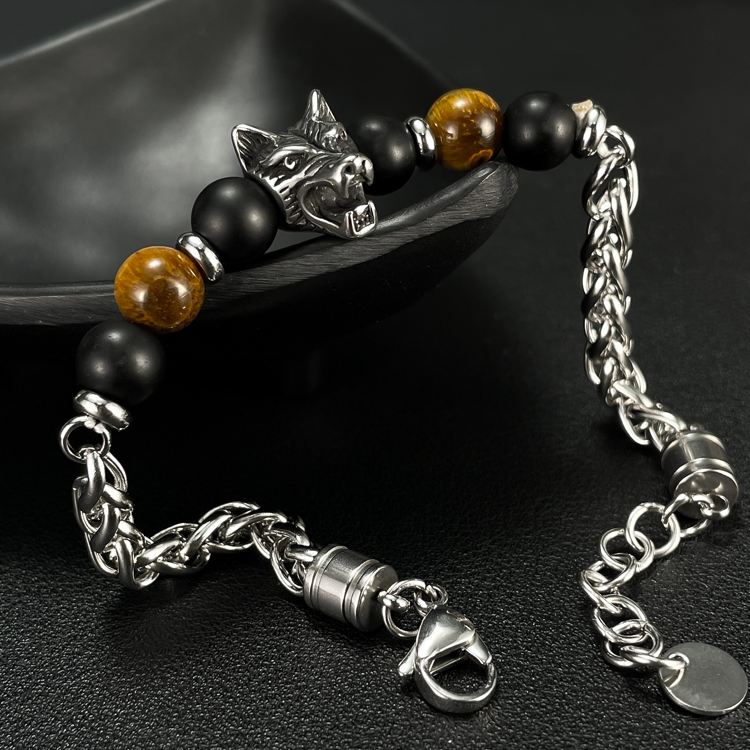 Retro Wolf Stainless Steel Beaded Men's Bracelets display picture 3