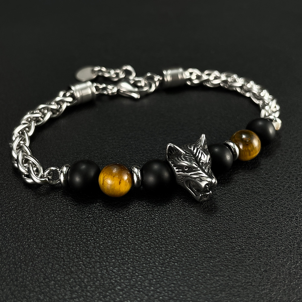 Retro Wolf Stainless Steel Beaded Men's Bracelets display picture 5