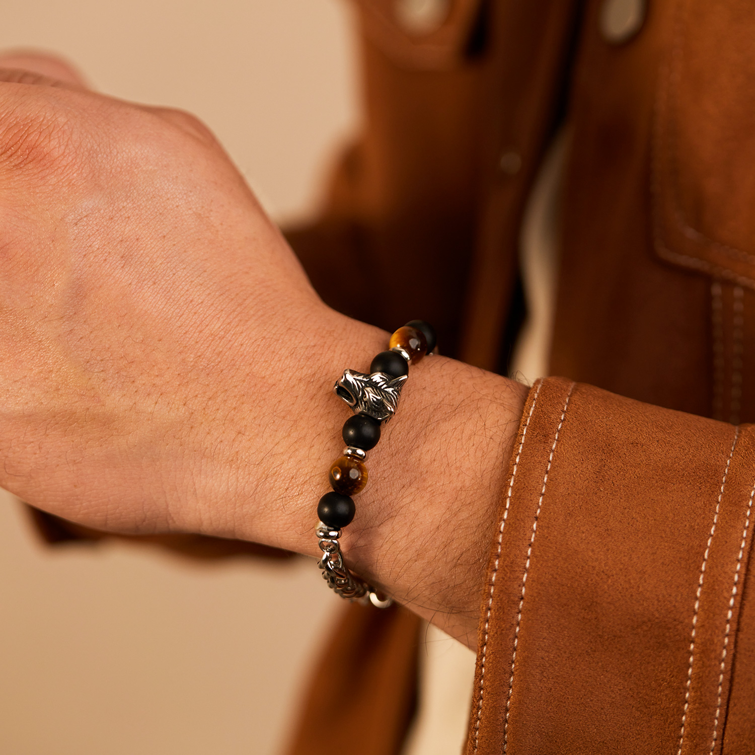 Rétro Loup Acier Inoxydable Perlé Hommes Bracelets display picture 9