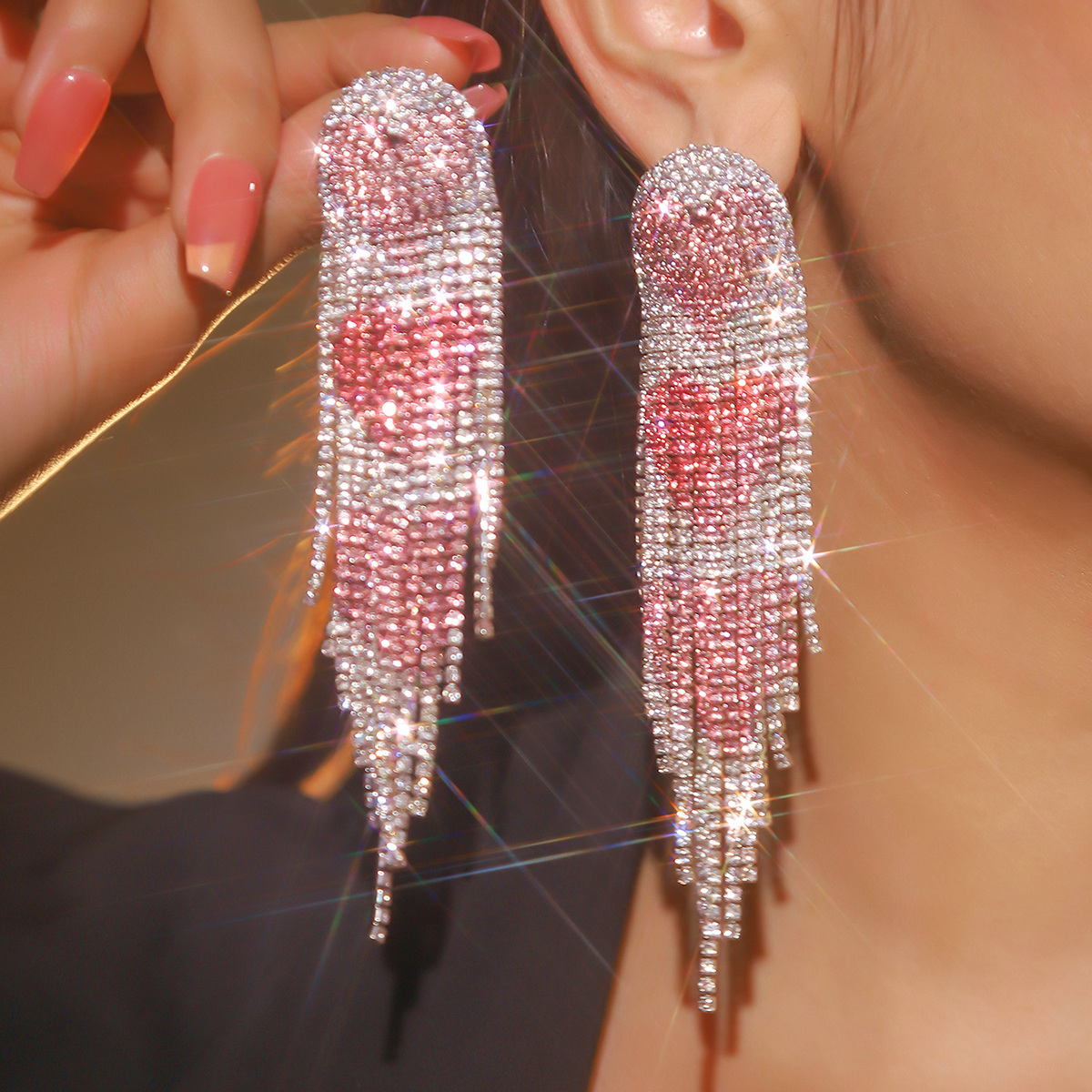 1 Pair Glam Shiny Tassel Plating Inlay Alloy Rhinestones Silver Plated Drop Earrings display picture 2