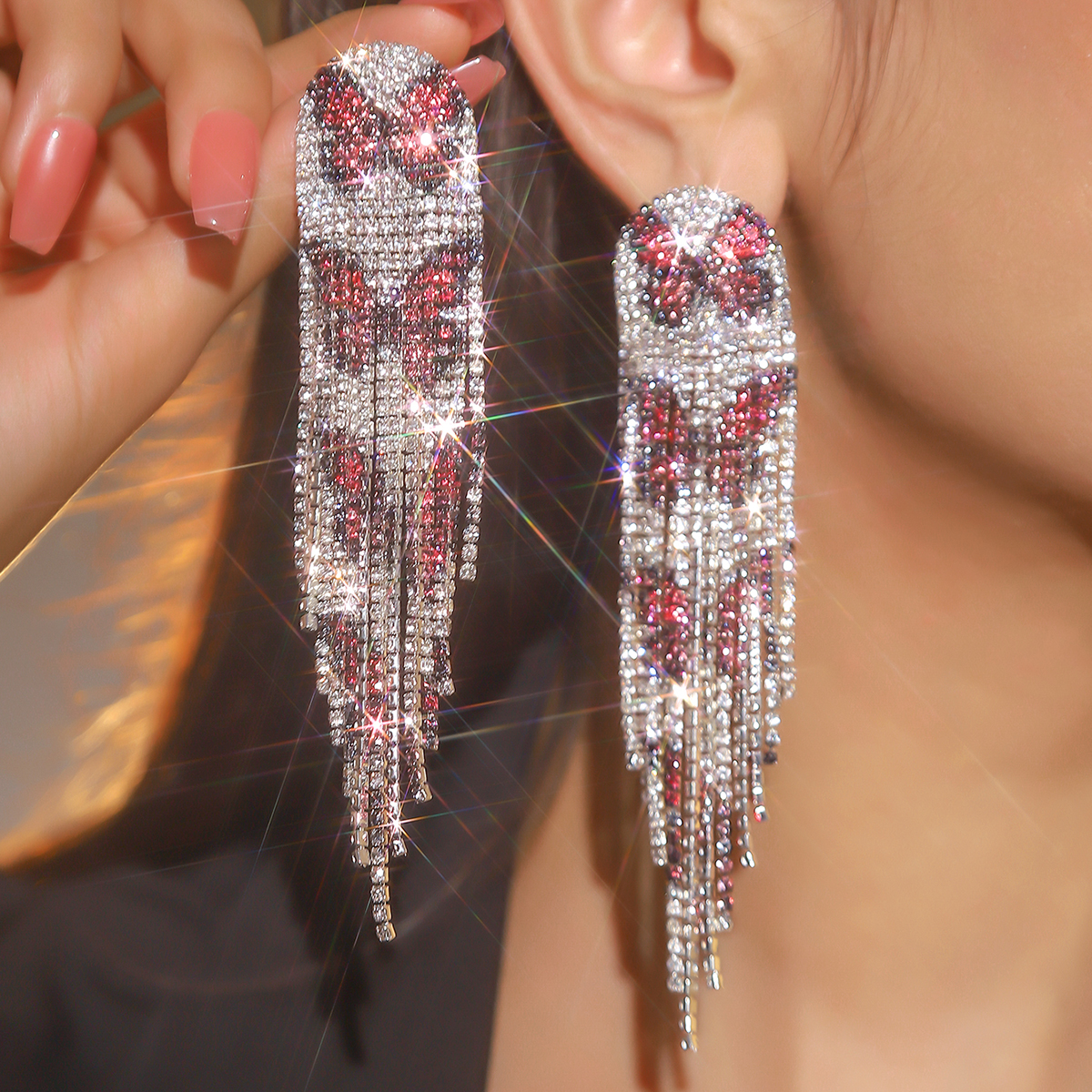 1 Pair Glam Shiny Tassel Plating Inlay Alloy Rhinestones Silver Plated Drop Earrings display picture 5