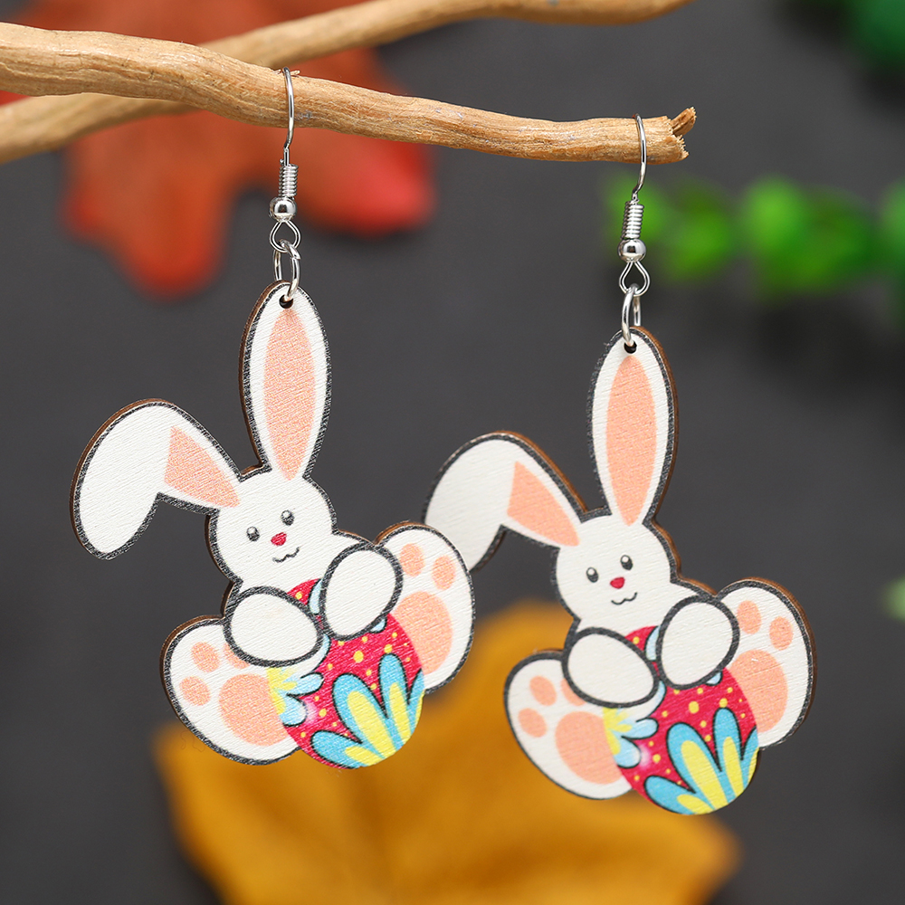 1 Paire Mignon Lapin Peint Bois Plaqué Argent Boucles D'oreilles display picture 6