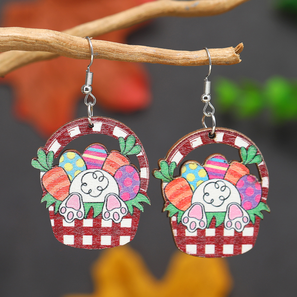 1 Paire Mignon Lapin Peint Bois Plaqué Argent Boucles D'oreilles display picture 11