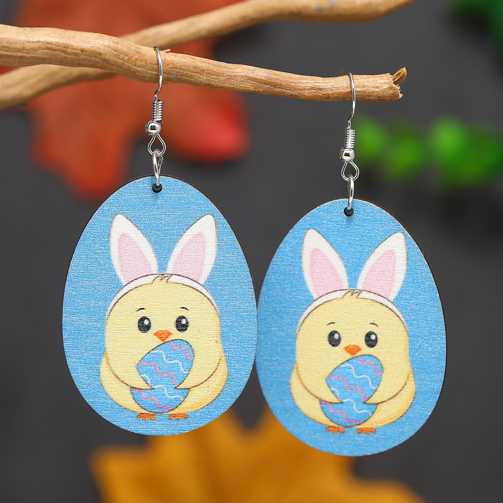 1 Pair Cute Rabbit Painted Wood Silver Plated Drop Earrings display picture 21
