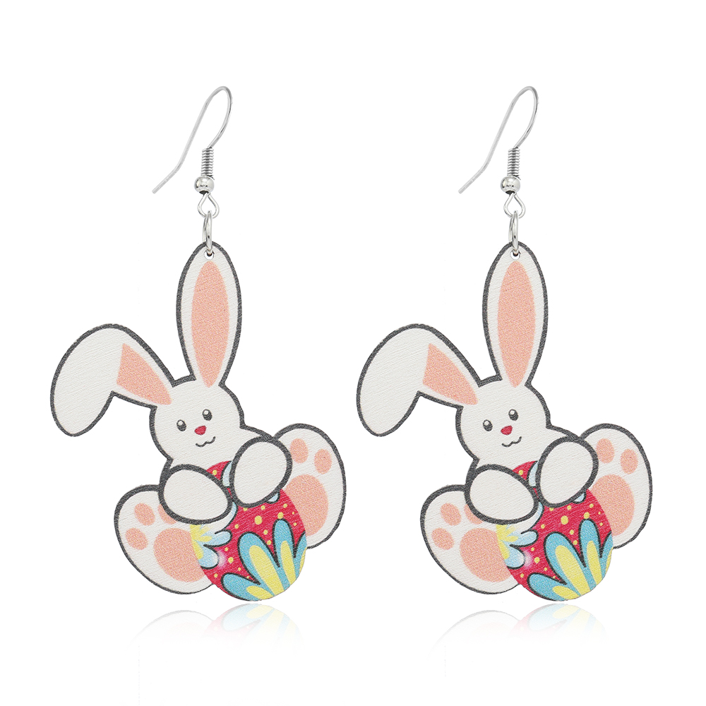1 Pair Cute Rabbit Painted Wood Silver Plated Drop Earrings display picture 9