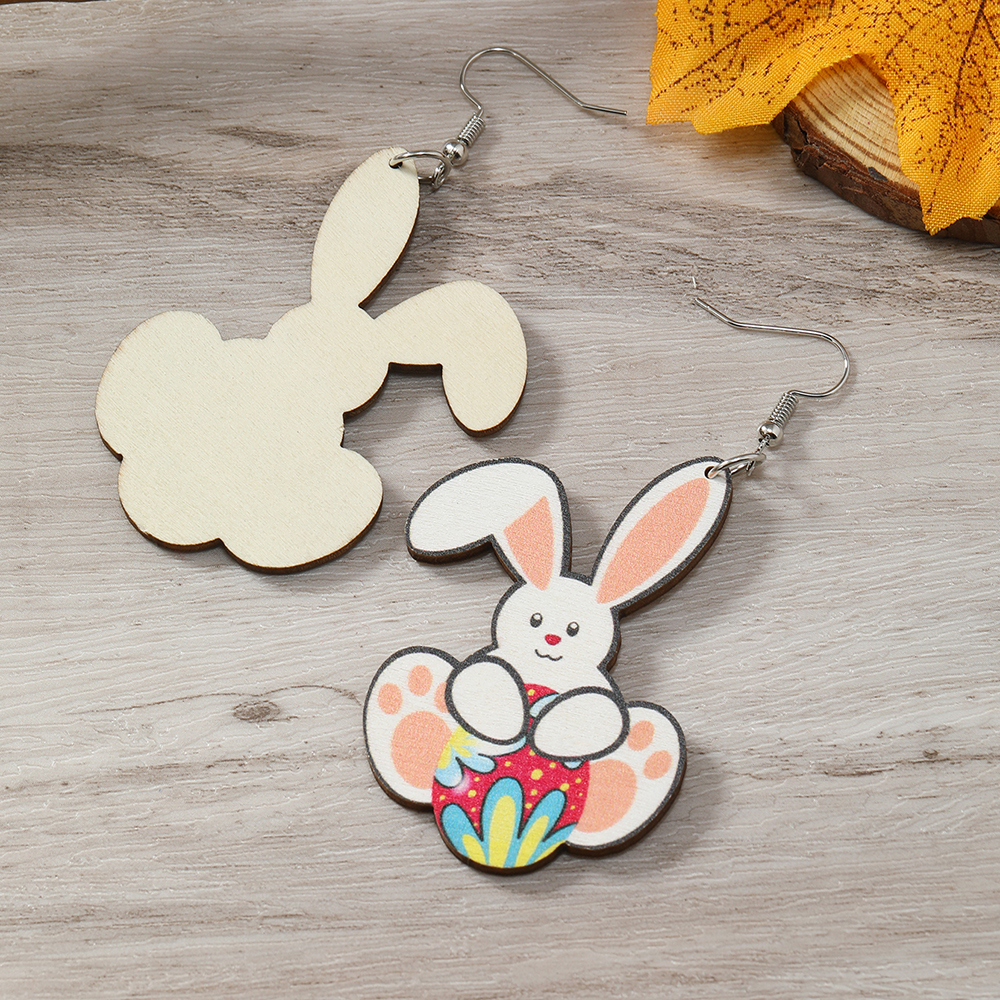 1 Pair Cute Rabbit Painted Wood Silver Plated Drop Earrings display picture 10