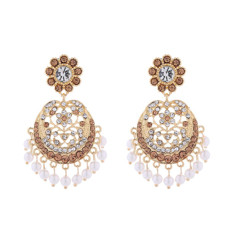 1 Pair Elegant Retro Flower Tassel Pearl Inlay Alloy Rhinestones Drop Earrings display picture 6