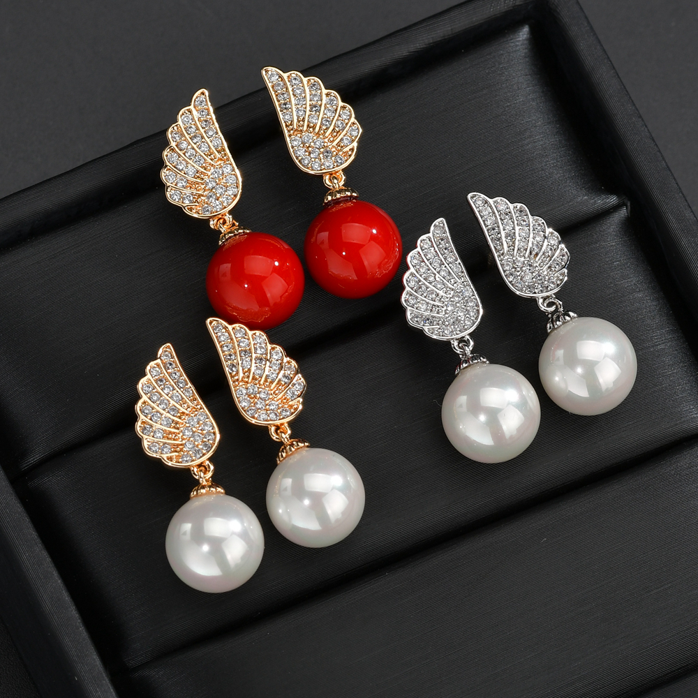 1 Pair Elegant Simple Style Wings Copper Alloy Pearl Zircon Drop Earrings display picture 2
