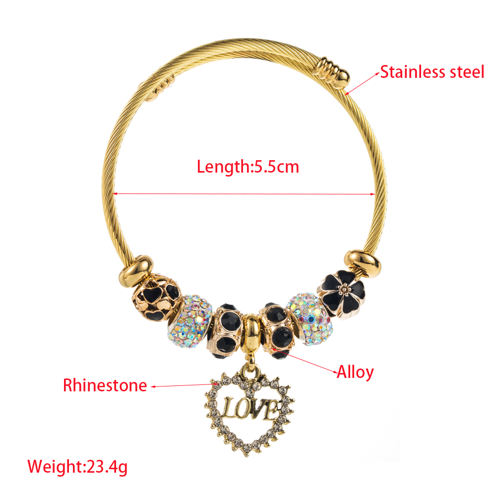 Romantic Letter Heart Shape Flower Rhinestones Stainless Steel Alloy Wholesale Bangle display picture 1