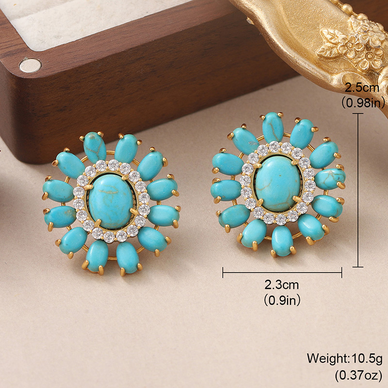 1 Pair French Style Oval Flower Plating Hollow Out Inlay Copper Turquoise  Zircon 18k Middle Ancient Gold Earrings Ear Studs display picture 1
