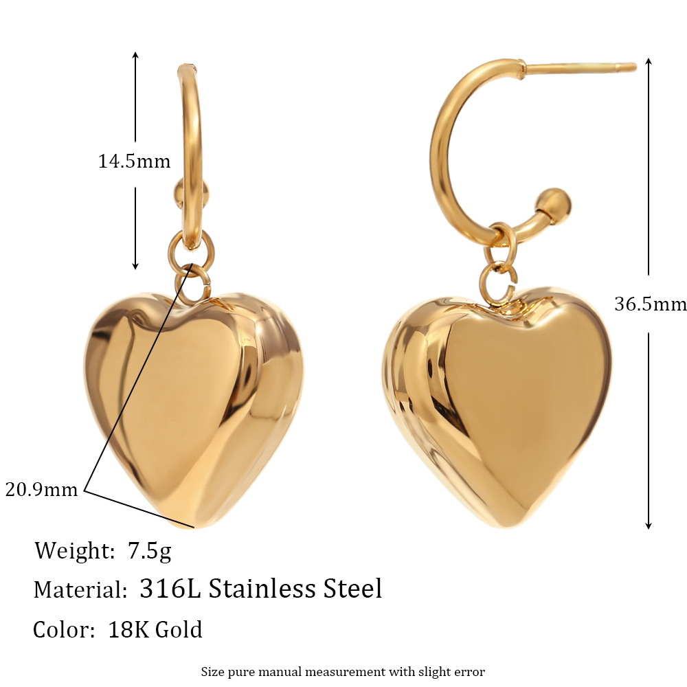 1 Pair Simple Style Heart Shape Plating Stainless Steel 18k Gold Plated Drop Earrings display picture 2