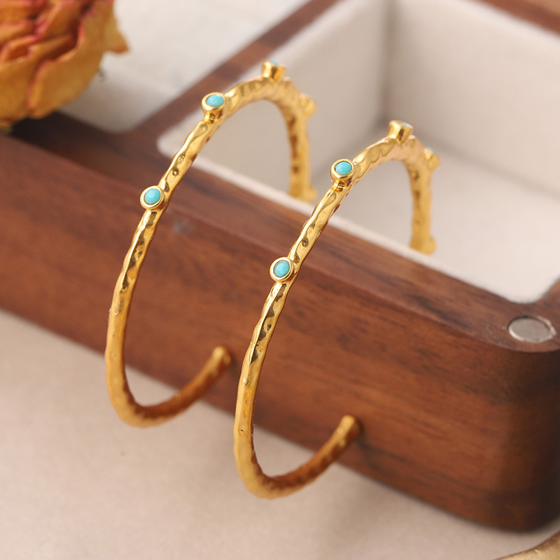 1 Pair Retro Simple Style Round Plating Inlay Copper Turquoise 18k Gold Plated Hoop Earrings display picture 1
