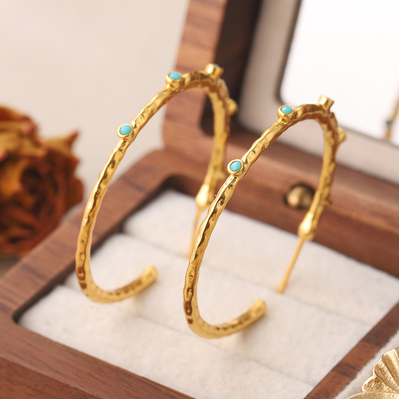 1 Pair Retro Simple Style Round Plating Inlay Copper Turquoise 18k Gold Plated Hoop Earrings display picture 3