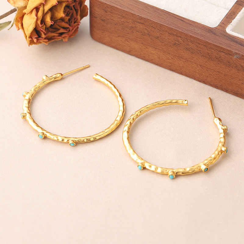 1 Pair Retro Simple Style Round Plating Inlay Copper Turquoise 18k Gold Plated Hoop Earrings display picture 4