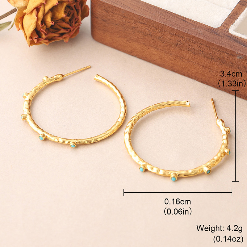 1 Pair Retro Simple Style Round Plating Inlay Copper Turquoise 18k Gold Plated Hoop Earrings display picture 6