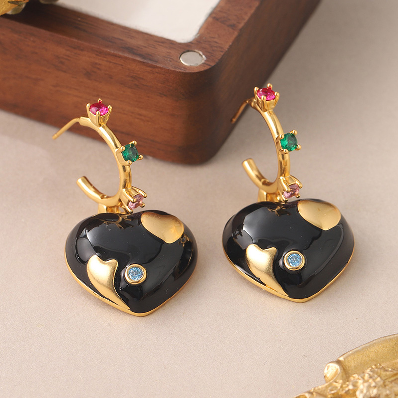 1 Pair Vintage Style Heart Shape Inlay Copper Zircon Drop Earrings display picture 1