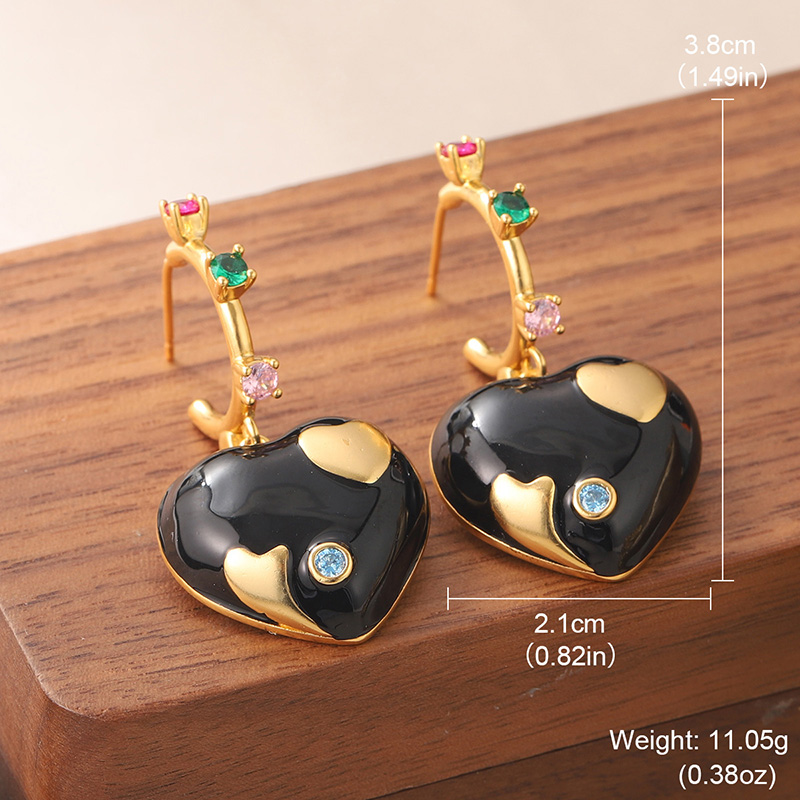 1 Pair Vintage Style Heart Shape Inlay Copper Zircon Drop Earrings display picture 2