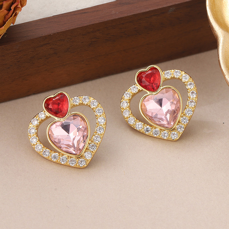 1 Pair Cute Sweet Heart Shape Plating Inlay Copper Glass Zircon 18k Gold Plated Ear Studs display picture 2