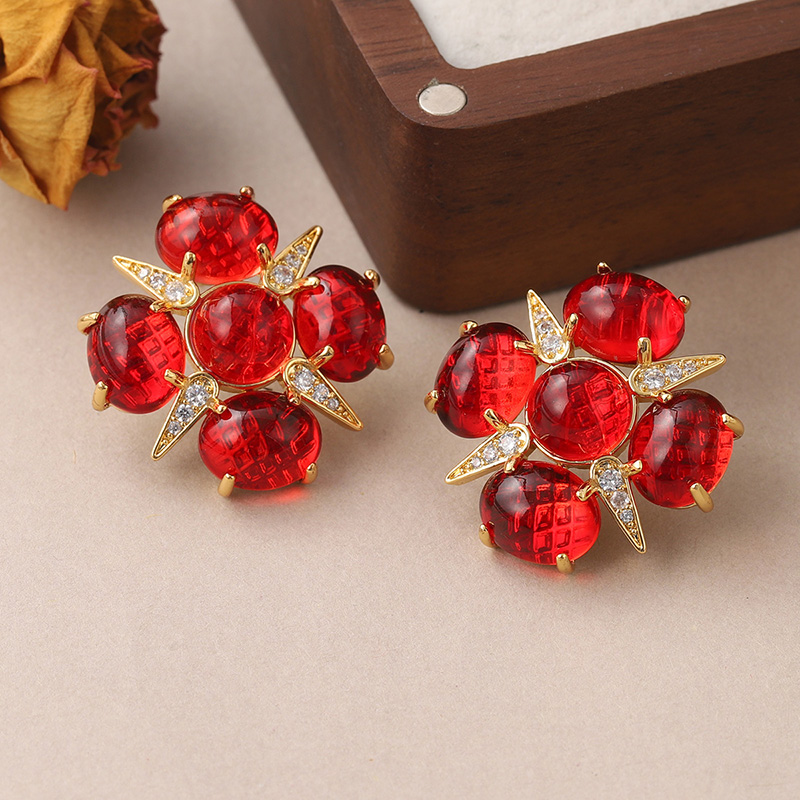 1 Pair Vintage Style Simple Style Star Flower Inlay Copper Natural Stone Glass Zircon Ear Studs display picture 6