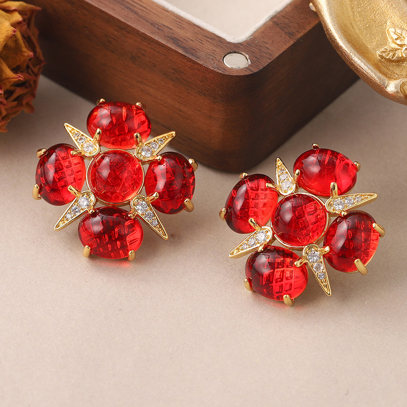 1 Pair Vintage Style Simple Style Star Flower Inlay Copper Natural Stone Glass Zircon Ear Studs display picture 7