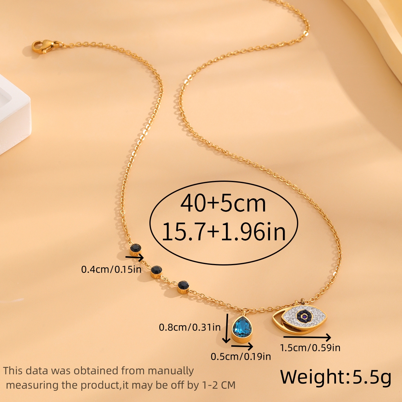 304 Stainless Steel 18K Gold Plated Simple Style Plating Inlay Devil's Eye Water Droplets Rhinestones Pendant Necklace display picture 7