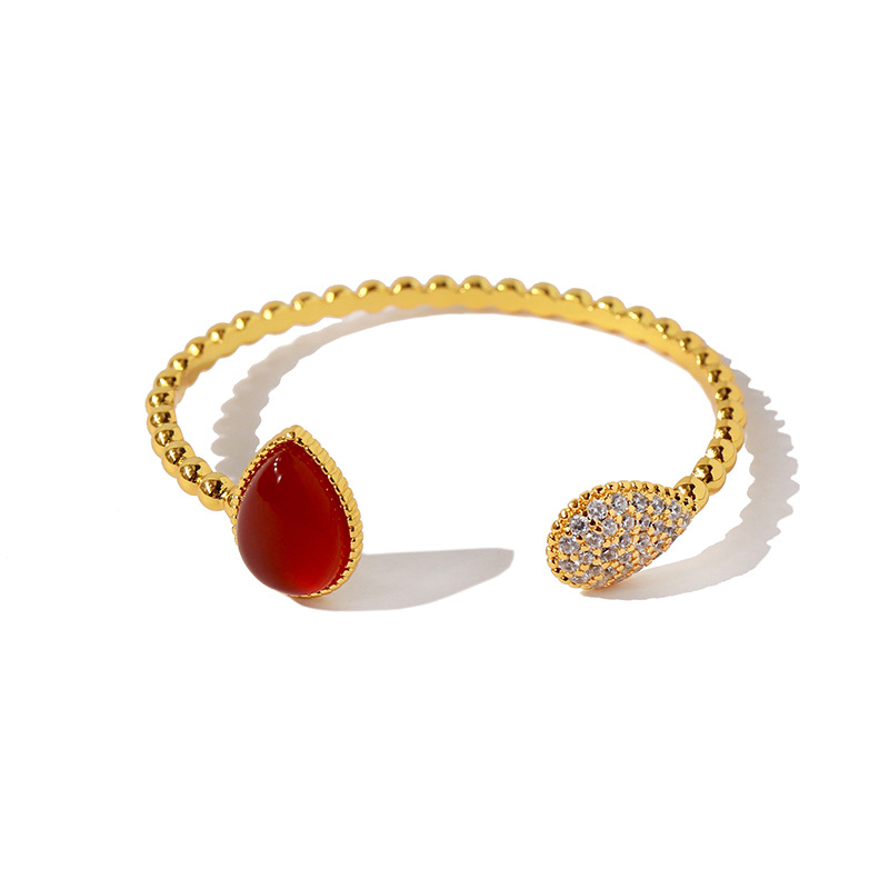 Elegant Retro Water Droplets Copper Plating Inlay Agate Zircon Cuff Bracelets display picture 1