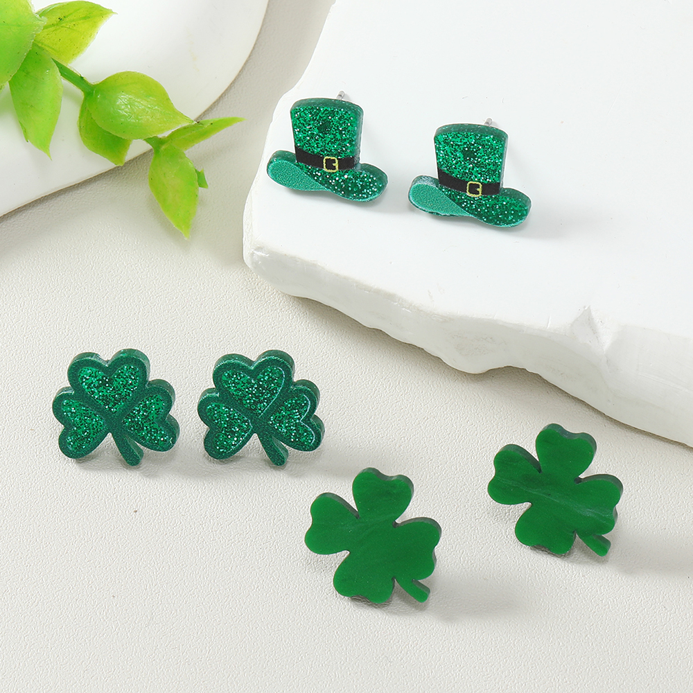 1 Set Ig Style Shamrock Four Leaf Clover Hat Painted Arylic Ear Studs display picture 2