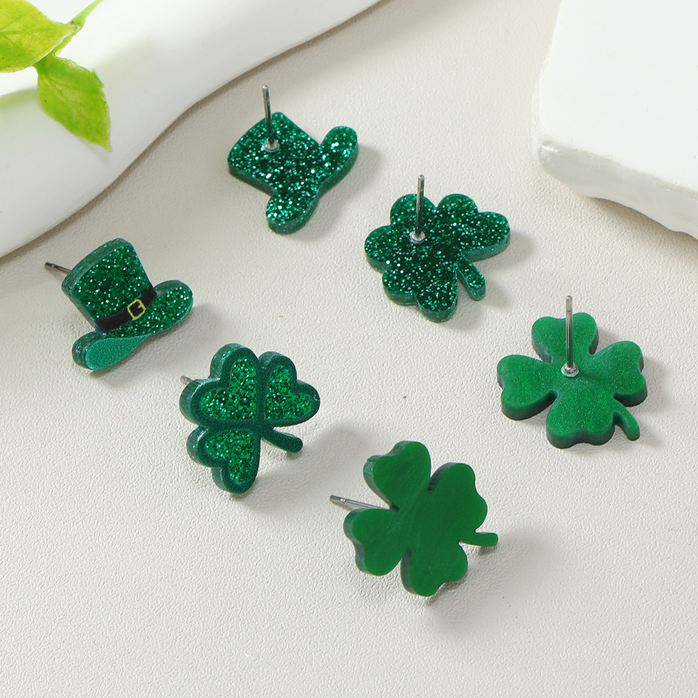 1 Set Ig Style Shamrock Four Leaf Clover Hat Painted Arylic Ear Studs display picture 4