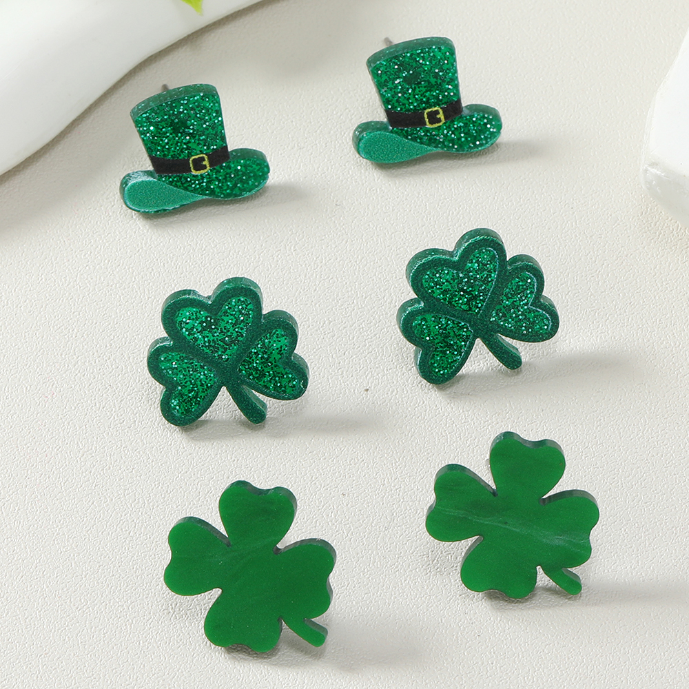 1 Set Ig Style Shamrock Four Leaf Clover Hat Painted Arylic Ear Studs display picture 3