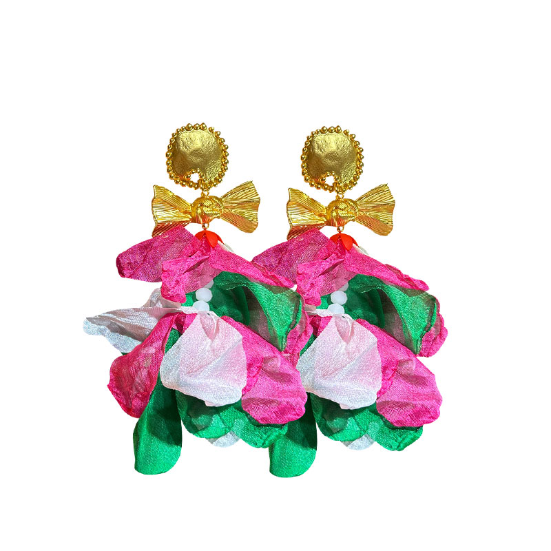 1 Pair Ig Style Exaggerated Flower Bow Knot Plating Alloy Cloth Resin Gold Plated Drop Earrings display picture 10