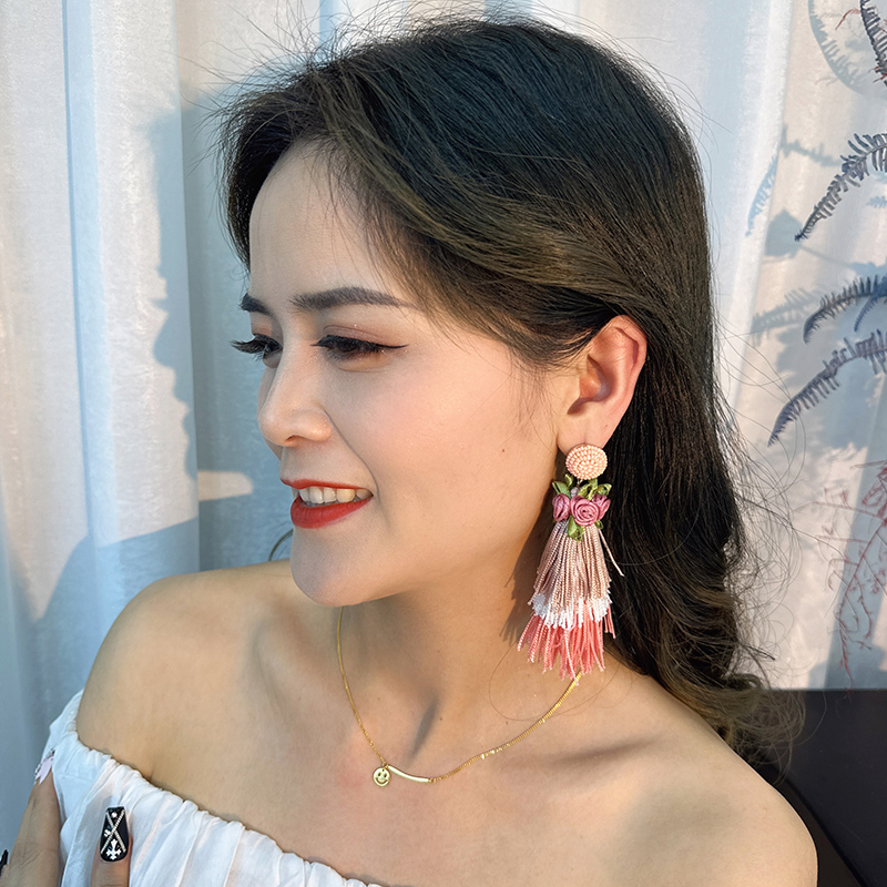 1 Pair Casual Vacation Tassel Synthetic Fibre Cloth Glass Drop Earrings display picture 2