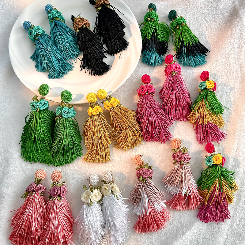 1 Pair Casual Vacation Tassel Synthetic Fibre Cloth Glass Drop Earrings display picture 4