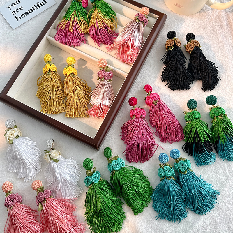 1 Pair Casual Vacation Tassel Synthetic Fibre Cloth Glass Drop Earrings display picture 3