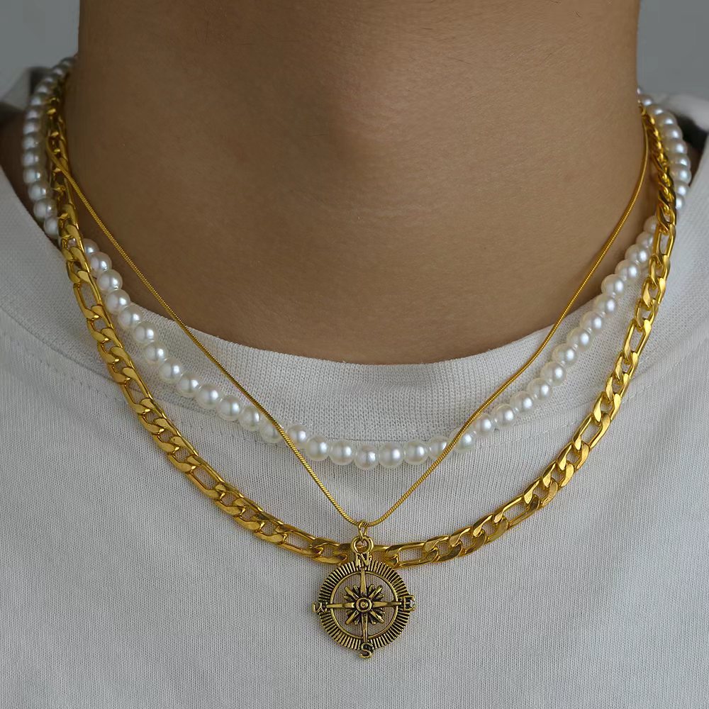 Vintage-stil Punk Kompass Legierung Perlen Überzug Weißgold Plattiert Männer Halskette Mit Anhänger display picture 9