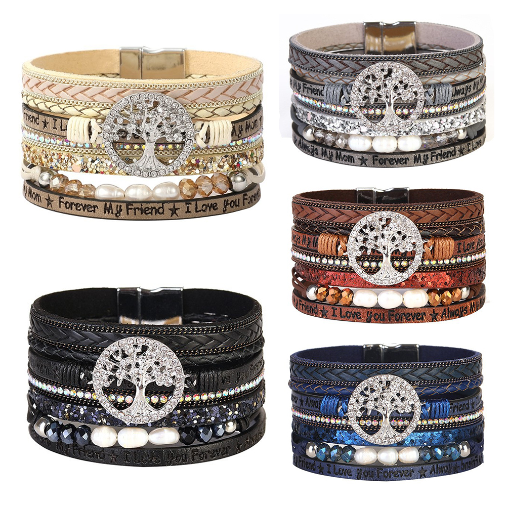 Retro Ethnic Style Life Tree Artificial Crystal Pu Leather Imitation Pearl Braid Women's Bracelets display picture 1
