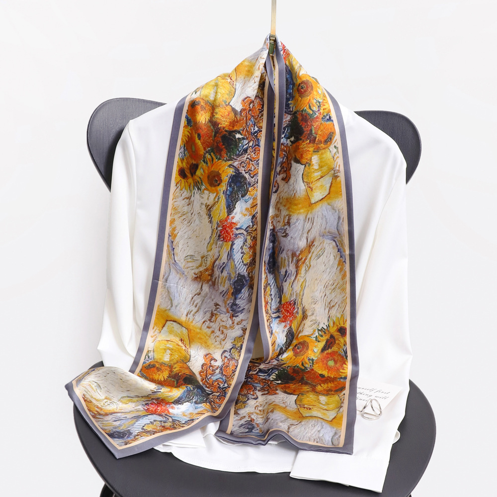 Women's Elegant Simple Style Stripe Flower Silk Printing Silk Scarf display picture 8
