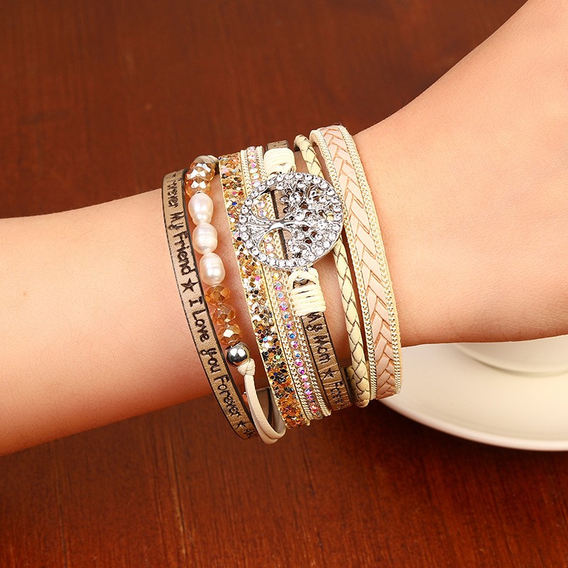 Retro Ethnic Style Life Tree Artificial Crystal Pu Leather Imitation Pearl Braid Women's Bracelets display picture 3