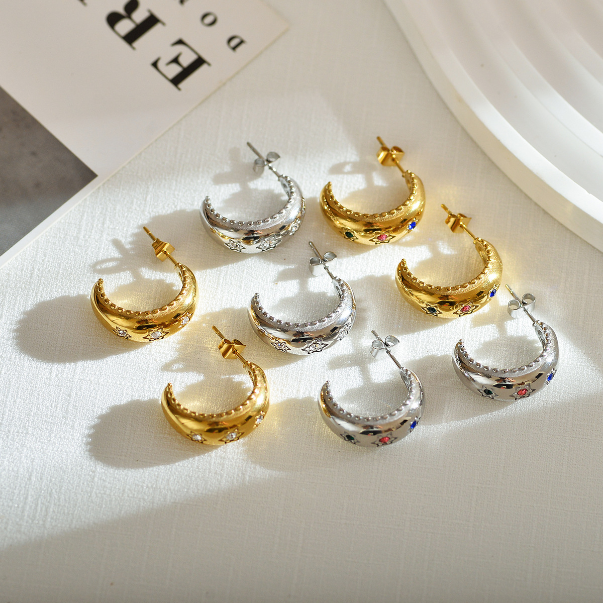 1 Pair Simple Style C Shape Star Plating Inlay Stainless Steel Zircon 18k Gold Plated Ear Studs display picture 4