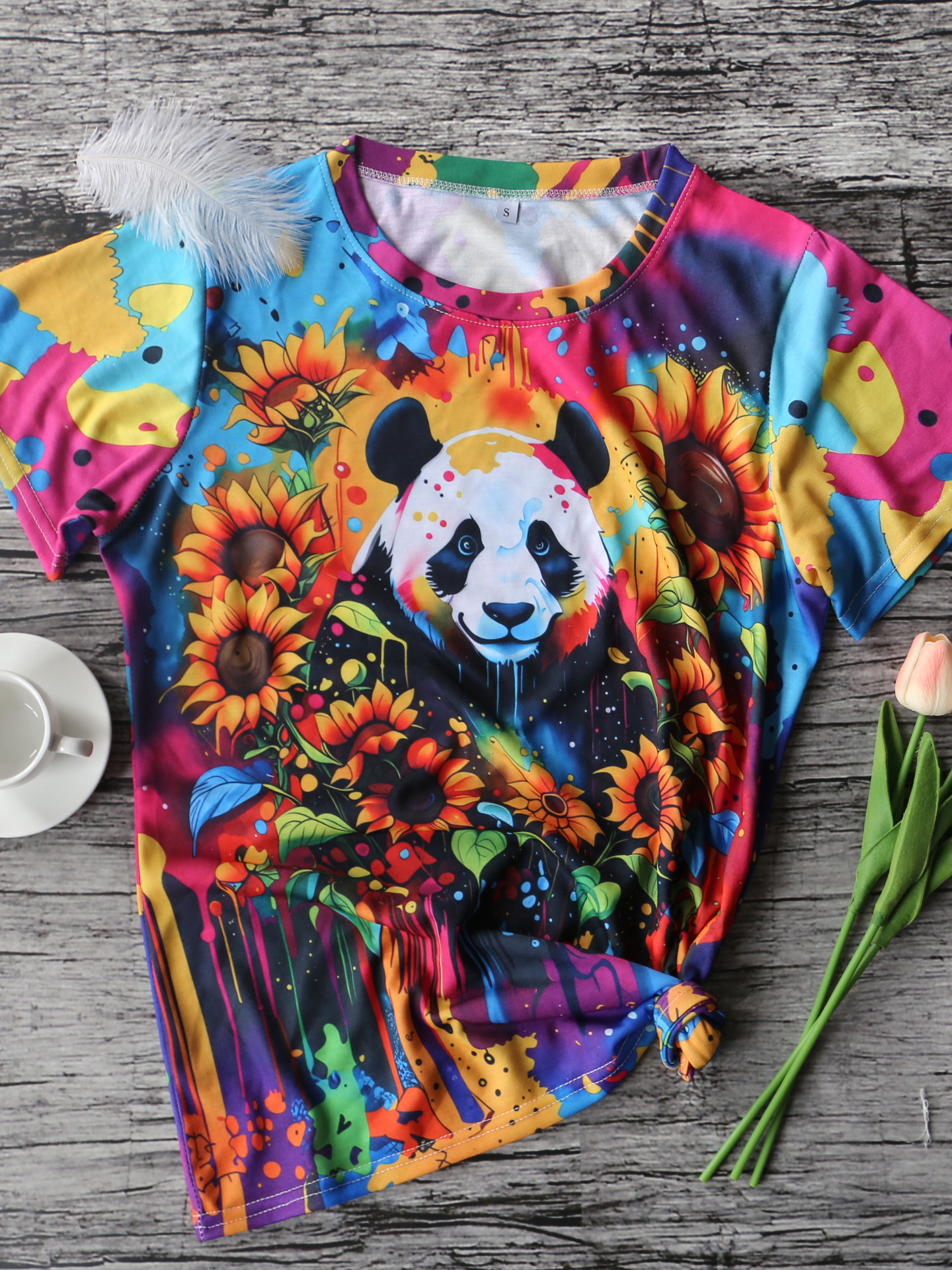 Frau T-shirt Kurzarm T-shirts Lässig Panda Blume display picture 1