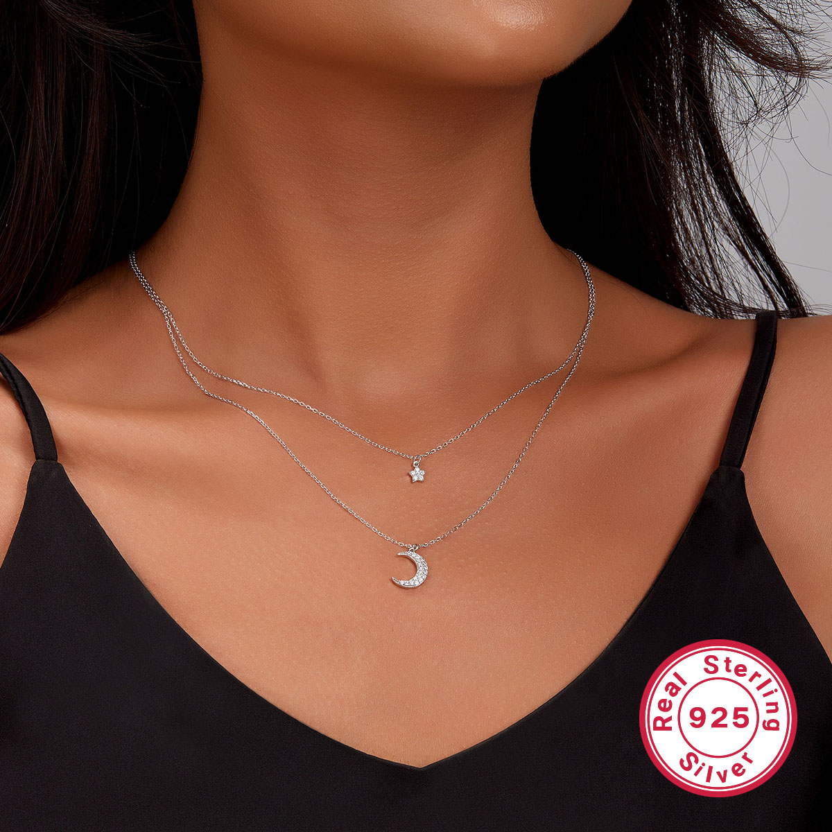 Simple Style Star Moon Sterling Silver Plating Inlay Zircon White Gold Plated Pendant Necklace display picture 5