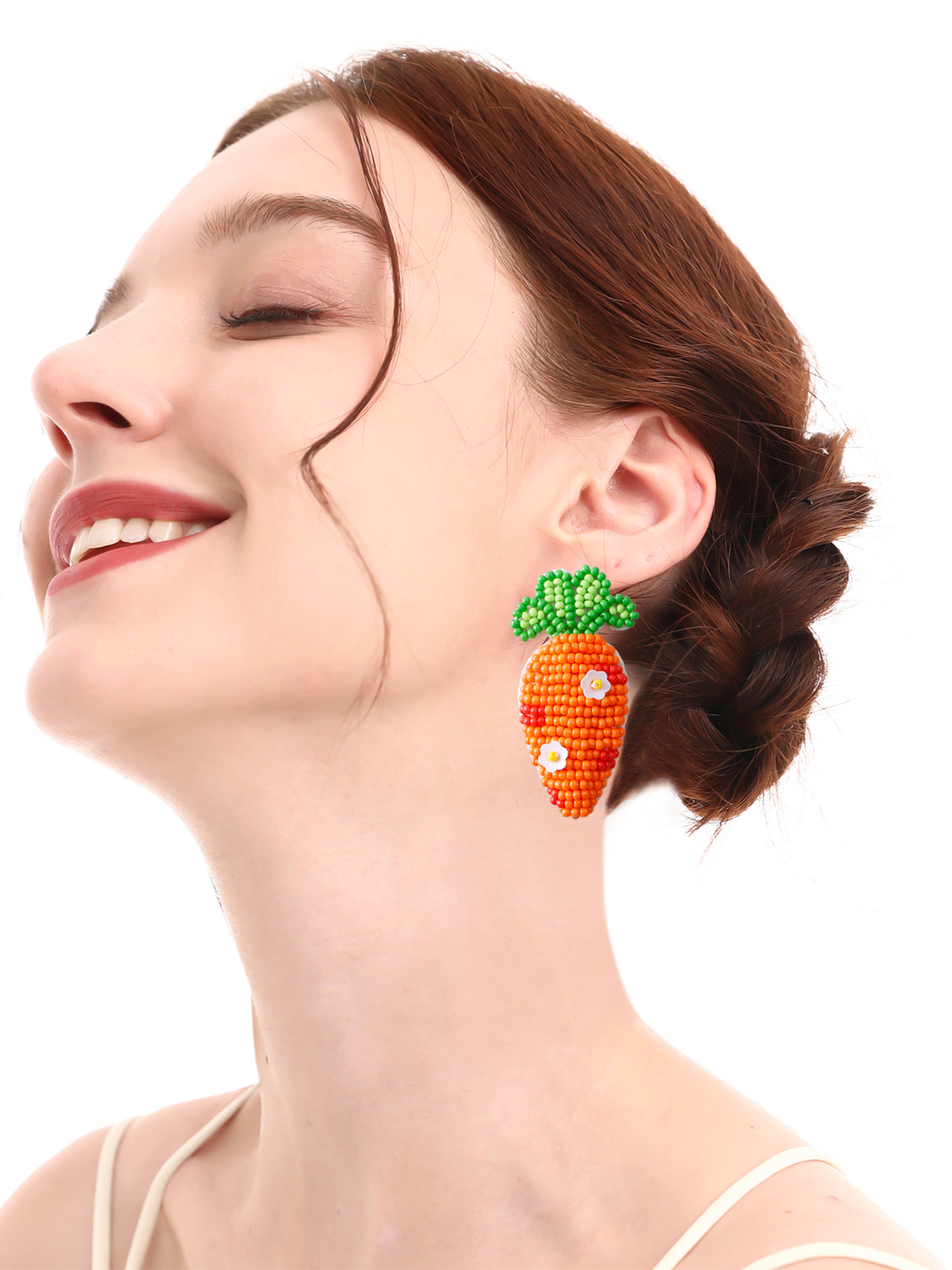 1 Pair Pastoral Carrot Handmade Braid Alloy Seed Bead Ear Studs display picture 2