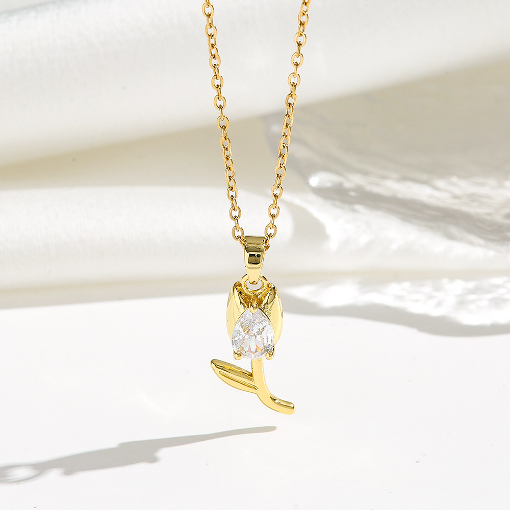 Titan Stahl 18 Karat Vergoldet Einfacher Stil Überzug Inlay Tulpe Opal Zirkon Halskette Mit Anhänger display picture 6