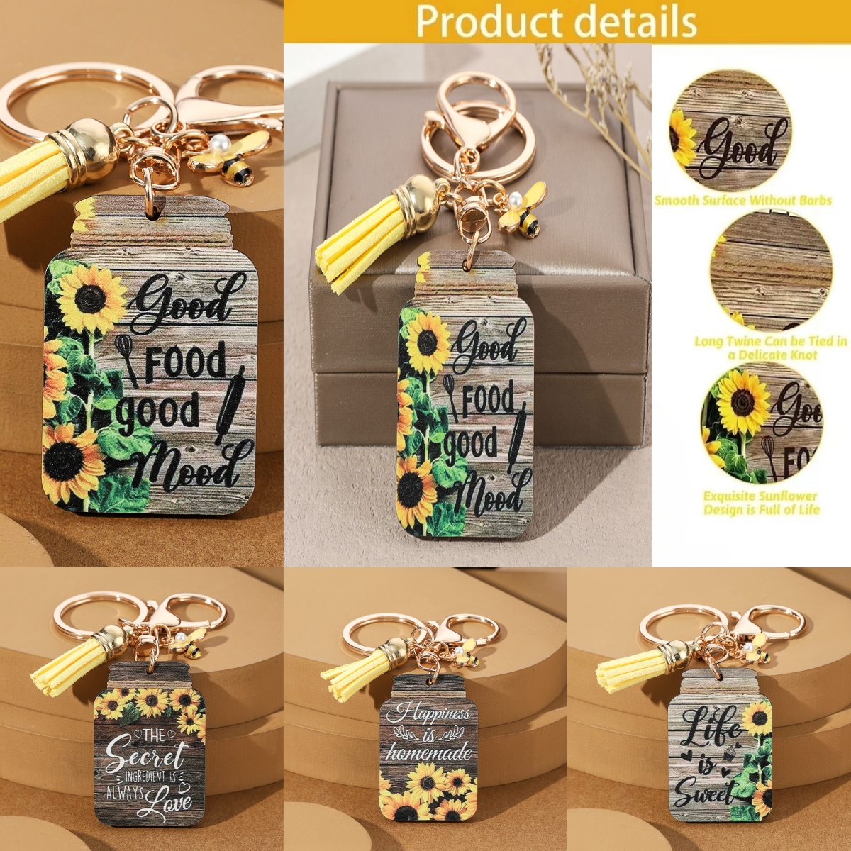 Casual Romantic Pastoral Sunflower Letter Bee Alloy Wood Printing Plating Inlay Gold Plated Bag Pendant Keychain display picture 1