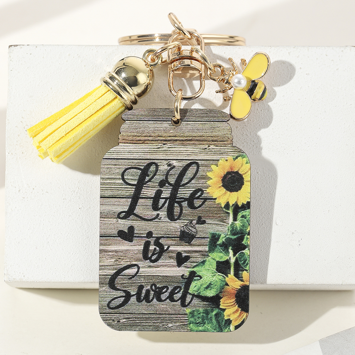 Casual Romantic Pastoral Sunflower Letter Bee Alloy Wood Printing Plating Inlay Gold Plated Bag Pendant Keychain display picture 8